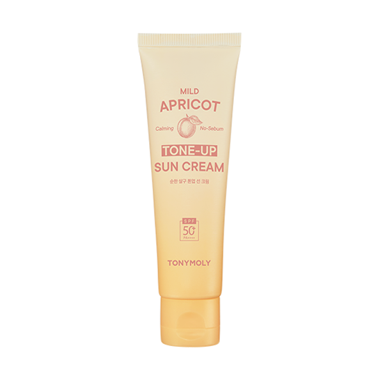 ProtoClinical k-beauty TONYMOLY Mild Apricot Tone Up Sun Cream SPF50+ PA++++ 50ml single upright apricot sun cream tube centered on a white background