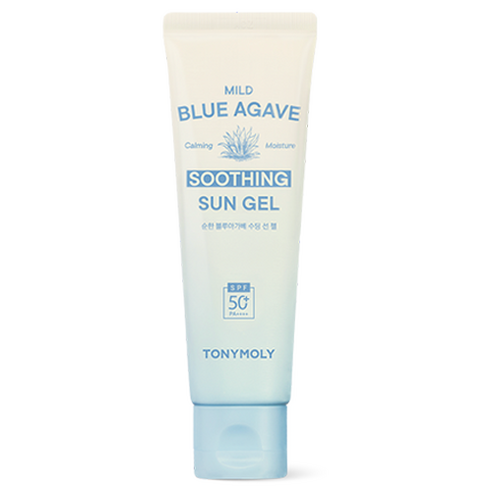 ProtoClinical k-beauty TONYMOLY Mild Blue Agave Soothing Sun Gel 50ml SPF50+ PA++++ single sun gel tube in an upright studio packshot on a white background