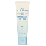 ProtoClinical k-beauty TONYMOLY Mild Blue Agave Soothing Sun Gel 50ml SPF50+ PA++++ single sun gel tube in an upright studio packshot on a white background