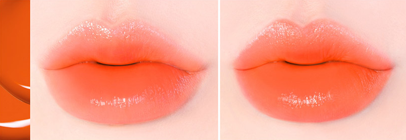 ProtoClinical k-beauty TONYMOLY PERFECT LIPS SHOCKING LIP (14 Colors) 4g two side-by-side coral-orange lip swatches on a pale background