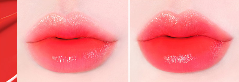 ProtoClinical k-beauty TONYMOLY PERFECT LIPS SHOCKING LIP (14 Colors) 4g two side-by-side red and hot pink lip swatches on a pale background