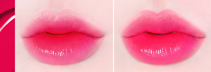 ProtoClinical k-beauty TONYMOLY PERFECT LIPS SHOCKING LIP (14 Colors) 4g two side-by-side bright pink lip swatches on a pale background