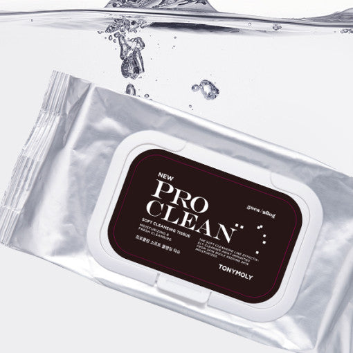 ProtoClinical k-beauty TONYMOLY Pro Clean Soft Cleansing Tissues 280g (50 Sheets) single dark cleansing tissue pack centered on a pale lilac background with soft cream side panels