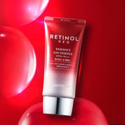 ProtoClinical k-beauty TONYMOLY Red Retinol Radiance Sun Essence 45ml SPF50+ PA+++ deep red square product graphic with a soft pink center highlight