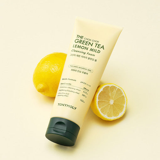 ProtoClinical k-beauty TONYMOLY The Chok Chok Green Tea Lemon Mild Cleansing Foam 150ml single upright cleanser tube with a visible front label on a clean white background