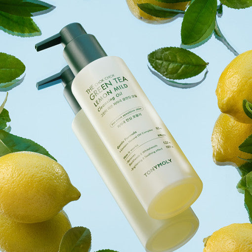 TONYMOLY The Chok Chok Green Tea Lemon Mild Cleansing Oil 200ml by ProtoClinical shown in a product detail image with the cleansing oil bottle and printed label visible on a clean background for a k-beauty skincare routine.