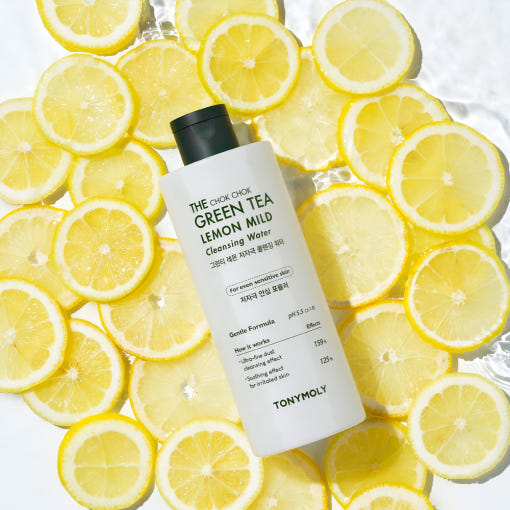 ProtoClinical k-beauty TONYMOLY The Chok Chok Green Tea Lemon Mild Cleansing Water 300ml single upright cleansing water bottle with a visible front label on a clean white background