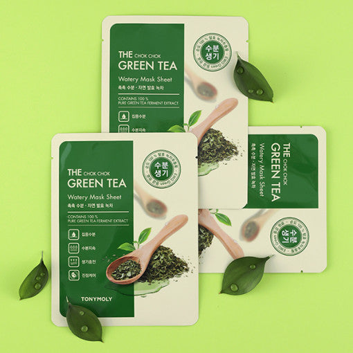 ProtoClinical k-beauty TONYMOLY The Chok Chok Green Tea Watery Mask Sheet 20g X 10ea single sheet mask packet centered on a green background with darker green accents