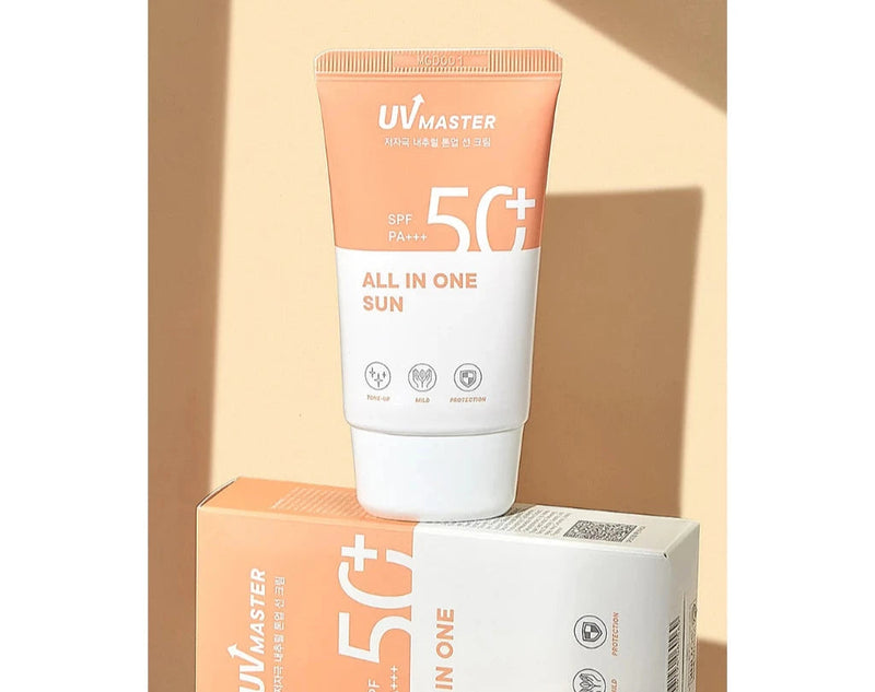 ProtoClinical k-beauty TONYMOLY UV MASTER ALL IN ONE SUN 50ml single upright beige sun cream tube with a darker side shadow on a white background