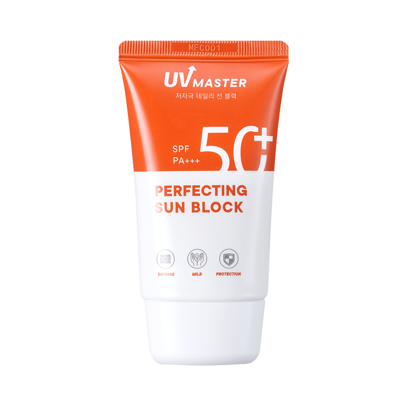 ProtoClinical k-beauty TONYMOLY UV Master Perfecting Sun Block 50ml SPF50+ PA+++ single upright coral sun block tube centered on a white background