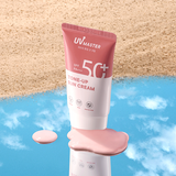 ProtoClinical k-beauty TONYMOLY UV Master Tone-Up Sun Cream 50ml SPF50+ PA+++ single upright coral sun cream tube centered on a peach and blue background