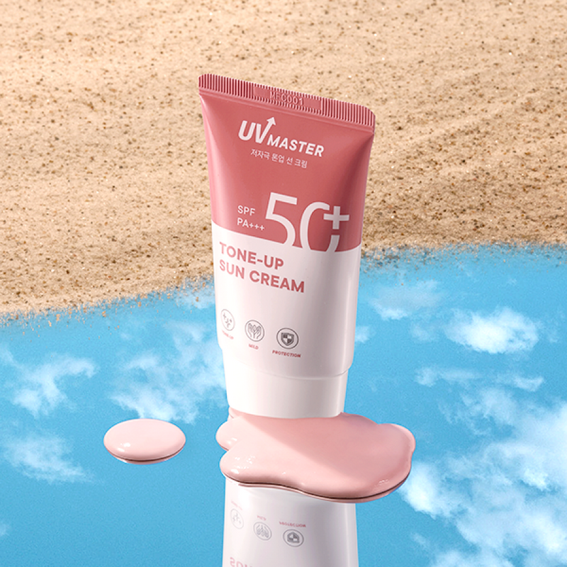 ProtoClinical k-beauty TONYMOLY UV Master Tone-Up Sun Cream 50ml SPF50+ PA+++ single upright coral sun cream tube centered on a peach and blue background
