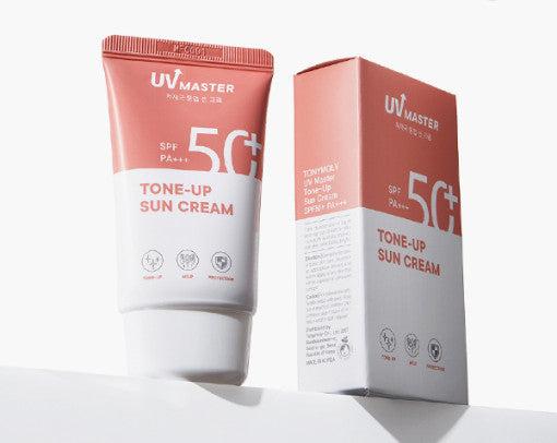 ProtoClinical k-beauty TONYMOLY UV Master Tone-Up Sun Cream 50ml SPF50+ PA+++ single upright sun cream tube centered on a light background