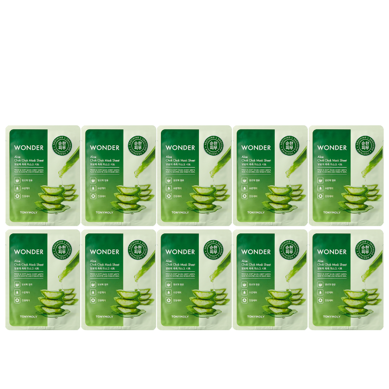 ProtoClinical k-beauty TONYMOLY Wonder Aloe Chok Chok Mask Sheet 22g X 10ea single sheet mask packet centered in the frame