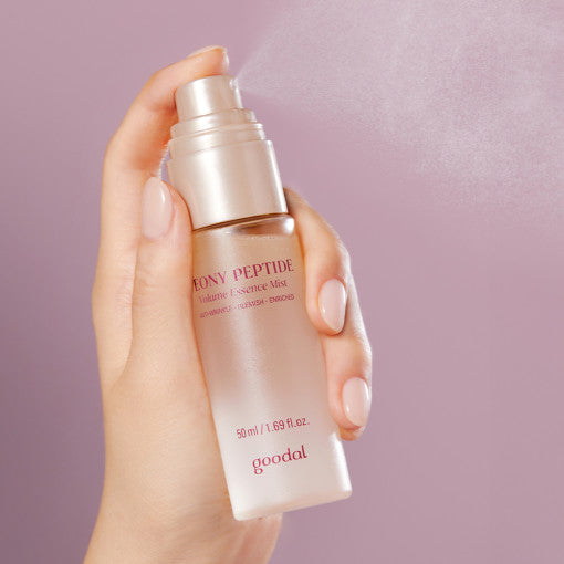 ProtoClinical k-beauty goodal Peony Peptide Volume Essence Mist 50ml displayed as a rose pink bottle-style packshot with soft rectangular packaging on a light background