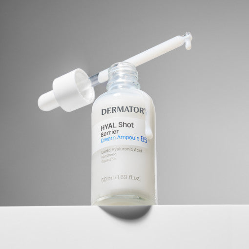 ProtoClinical k-beauty DERMATORY Hyal Shot Barrier cream Ampoule B5 50ml abstract horizontal product graphic with aqua upper corners, blush and gray center bands, and a soft blurred layout