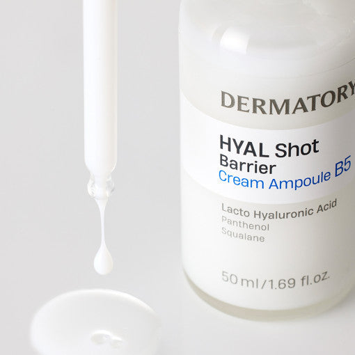 ProtoClinical k-beauty DERMATORY Hyal Shot Barrier cream Ampoule B5 50ml abstract product graphic with a peach center block, a pale gray left field, and an aqua lower-right panel