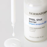 ProtoClinical k-beauty DERMATORY Hyal Shot Barrier cream Ampoule B5 50ml abstract product graphic with a peach center block, a pale gray left field, and an aqua lower-right panel