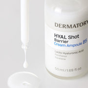 ProtoClinical k-beauty DERMATORY Hyal Shot Barrier cream Ampoule B5 50ml abstract product graphic with a peach center block, a pale gray left field, and an aqua lower-right panel