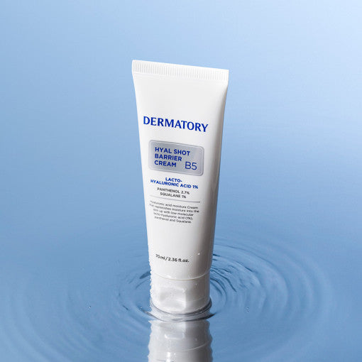 ProtoClinical k-beauty DERMATORY Hyal Shot Barrier Cream B5 70ml abstract horizontal product graphic with aqua side panels, a warm beige center band, and a soft blurred layout