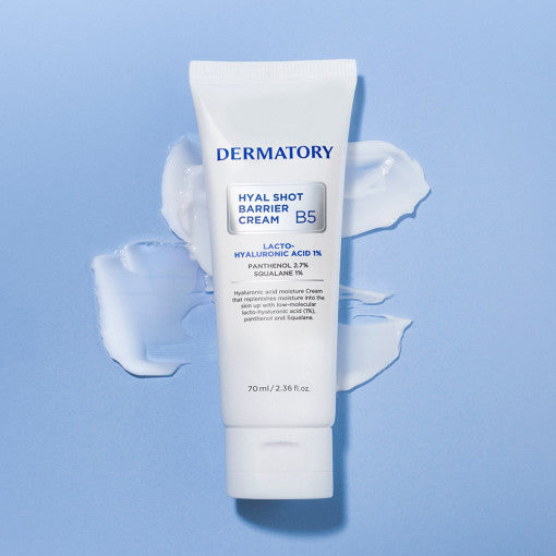 ProtoClinical k-beauty DERMATORY Hyal Shot Barrier Cream B5 70ml single upright light blue cream tube with a white cap centered on a soft blue background
