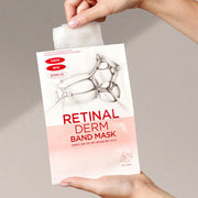 ProtoClinical k-beauty DERMATORY Retinal Derm Band Mask 28g X 10ea single white-and-peach mask sachet held in both hands with a white sheet mask pulled from the top