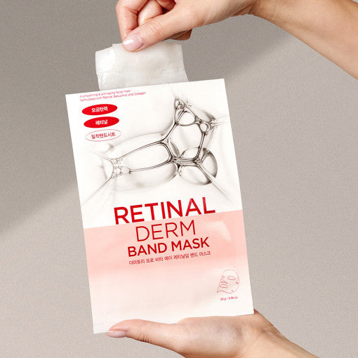 ProtoClinical k-beauty DERMATORY Retinal Derm Band Mask 28g X 6ea single white-and-peach mask sachet held in both hands with a white sheet mask pulled from the top