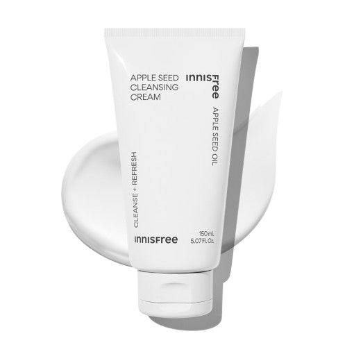 ProtoClinical k-beauty innisfree Apple Seed Cleansing Cream 150ml single upright light beige cleansing cream container centered on a clean white background with a darker right-side shadow.