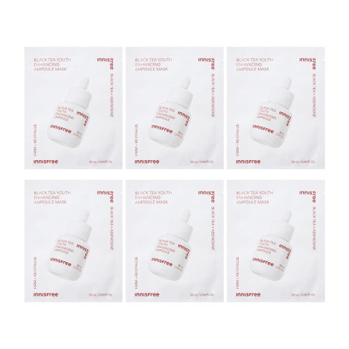 ProtoClinical k-beauty innisfree Black Tea Youth Enhancing Ampoule Mask 28ml X 6ea single sheet mask packet centered in the frame