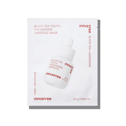 ProtoClinical k-beauty innisfree Black Tea Youth Enhancing Ampoule Mask 28ml X 6ea single rectangular sheet mask packet centered on a light background