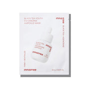 ProtoClinical k-beauty innisfree Black Tea Youth Enhancing Ampoule Mask 28ml X 6ea single rectangular sheet mask packet centered on a light background