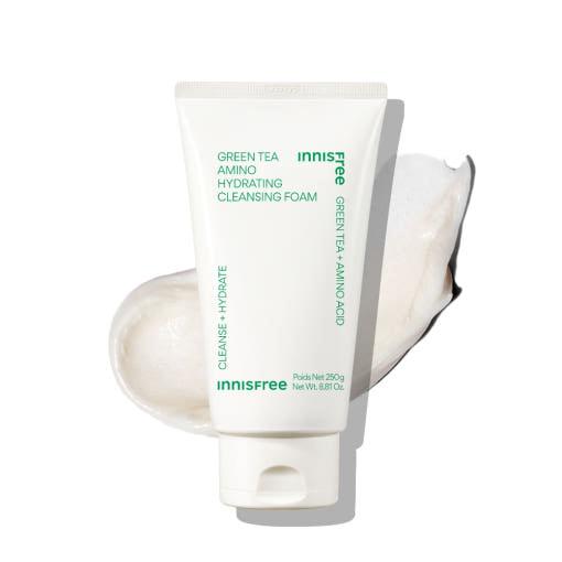 ProtoClinical k-beauty innisfree Green Tea Amino Hydrating Cleansing Foam 250g single upright pale green cleansing foam container centered on a clean white background with a darker right-side shadow.