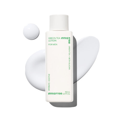 ProtoClinical k-beauty innisfree Green Tea Lotion For Men 150ml shown as a single upright pale green bottle centered on a white background with soft beige side accents.