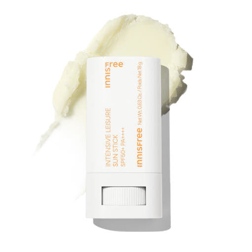 ProtoClinical k-beauty innisfree Intensive Leisure Sun Stick 18g SPF50+ PA++++ single upright pale yellow sun stick package centered on a white background