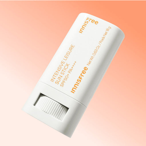 ProtoClinical k-beauty innisfree Intensive Leisure Sun Stick 18g SPF50+ PA++++ single upright sun stick package centered on a white background