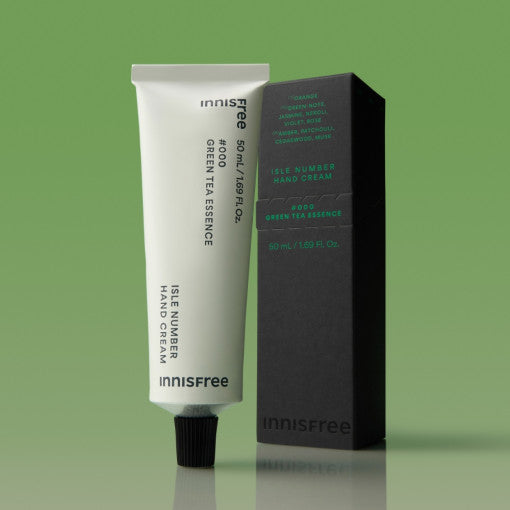 ProtoClinical k-beauty Innisfree Isle Number Hand Cream 50ml #Green Tea Essence single dark green hand cream tube standing upright on a green background