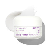 ProtoClinical k-beauty innisfree Jeju Orchid Eye Cream 30ml single upright dark eye cream package centered on a pale lavender and white background.