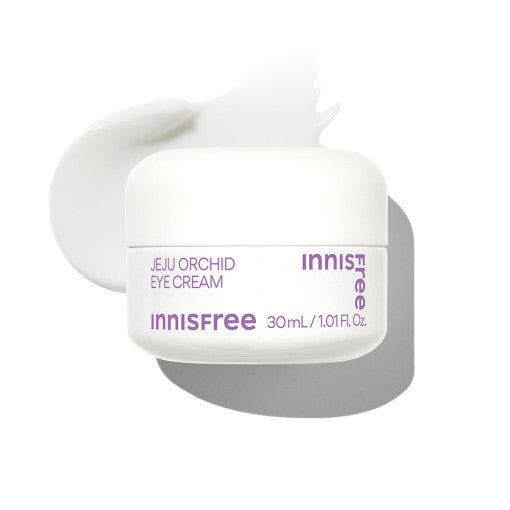 ProtoClinical k-beauty innisfree Jeju Orchid Eye Cream 30ml single upright dark eye cream package centered on a pale lavender and white background.
