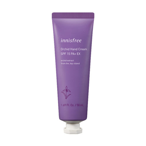 ProtoClinical k-beauty Innisfree Jeju Orchid Hand Cream SPF15 PA+ EX 50ml in a single purple hand cream tube standing upright on a white background