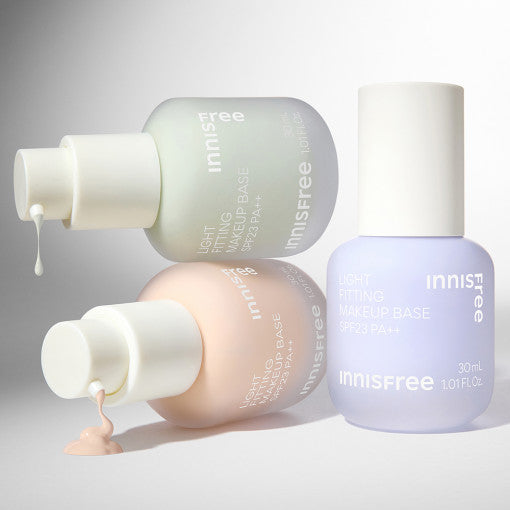 ProtoClinical k-beauty innisfree Light Fitting Makeup Base 30ml SPF23 PA++ single upright beige makeup base container centered on a white background with pale lavender accents.
