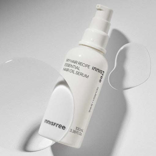 ProtoClinical k-beauty innisfree My Hair Recipe Essential Hair Oil Serum 100ml single upright hair oil bottle centered on a warm gray background with a soft brown vertical silhouette