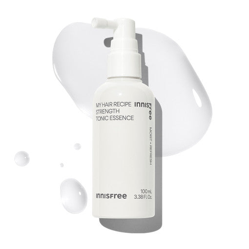 ProtoClinical k-beauty innisfree My Hair Recipe Strength Tonic Essence 100ml single upright pale yellow package centered on a white background with lavender side accents.