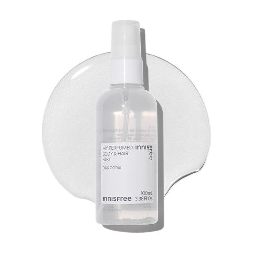 ProtoClinical k-beauty innisfree My Perfumed Body & Hair Mist 100ml clear spray bottle labeled Pink Coral standing upright over a translucent circular gel shape on a white background