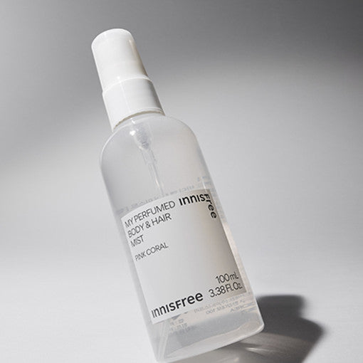 ProtoClinical k-beauty innisfree My Perfumed Body & Hair Mist 100ml in a slim beige bottle standing upright on a soft gray background