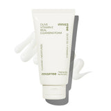 ProtoClinical k-beauty innisfree Olive Vitamin E Real Cleansing Foam 150g single upright warm olive cleansing foam container centered on a clean white background with a darker right-side shadow.