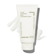 ProtoClinical k-beauty innisfree Olive Vitamin E Real Cleansing Foam 150g single upright warm olive cleansing foam container centered on a clean white background with a darker right-side shadow.