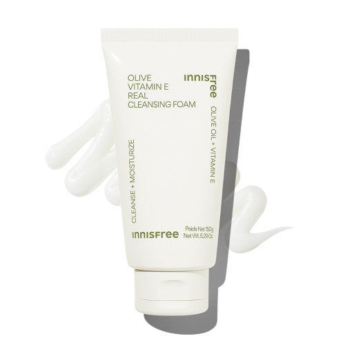 ProtoClinical k-beauty innisfree Olive Vitamin E Real Cleansing Foam 150g single upright warm olive cleansing foam container centered on a clean white background with a darker right-side shadow.