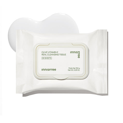 ProtoClinical k-beauty innisfree Olive Vitamin E Real Cleansing Tissue 150g (30ea) single cleansing tissue package shown upright with a visible front label on a light background