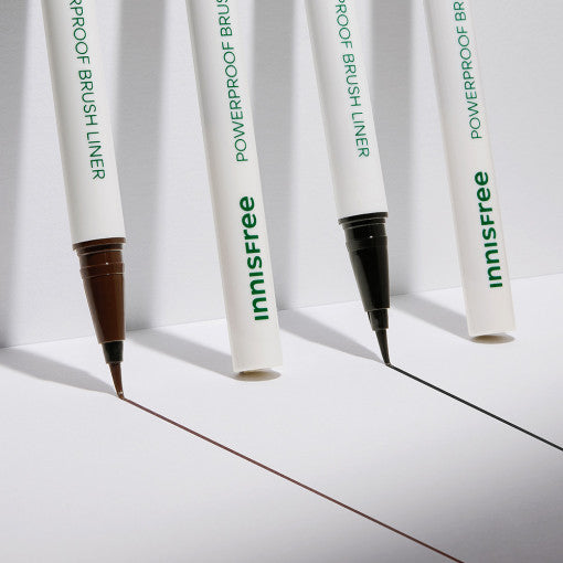 ProtoClinical k-beauty innisfree Powerproof Brush Liner shown in soft gray product packaging on a light background.