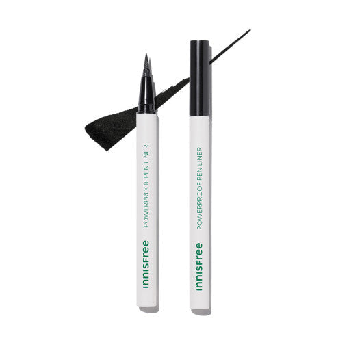 ProtoClinical k-beauty Innisfree Powerproof Pen Liner #Black single slim pen-style eyeliner centered upright in black and gray on a white background